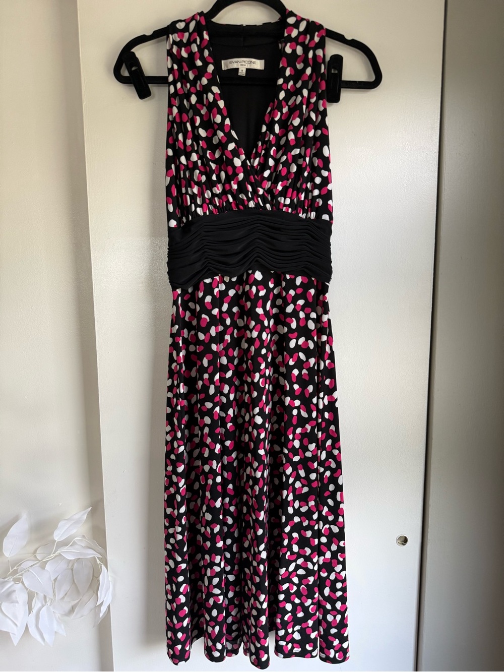 Evan Picone Black Maxi Dress with Pink and White Dot Print